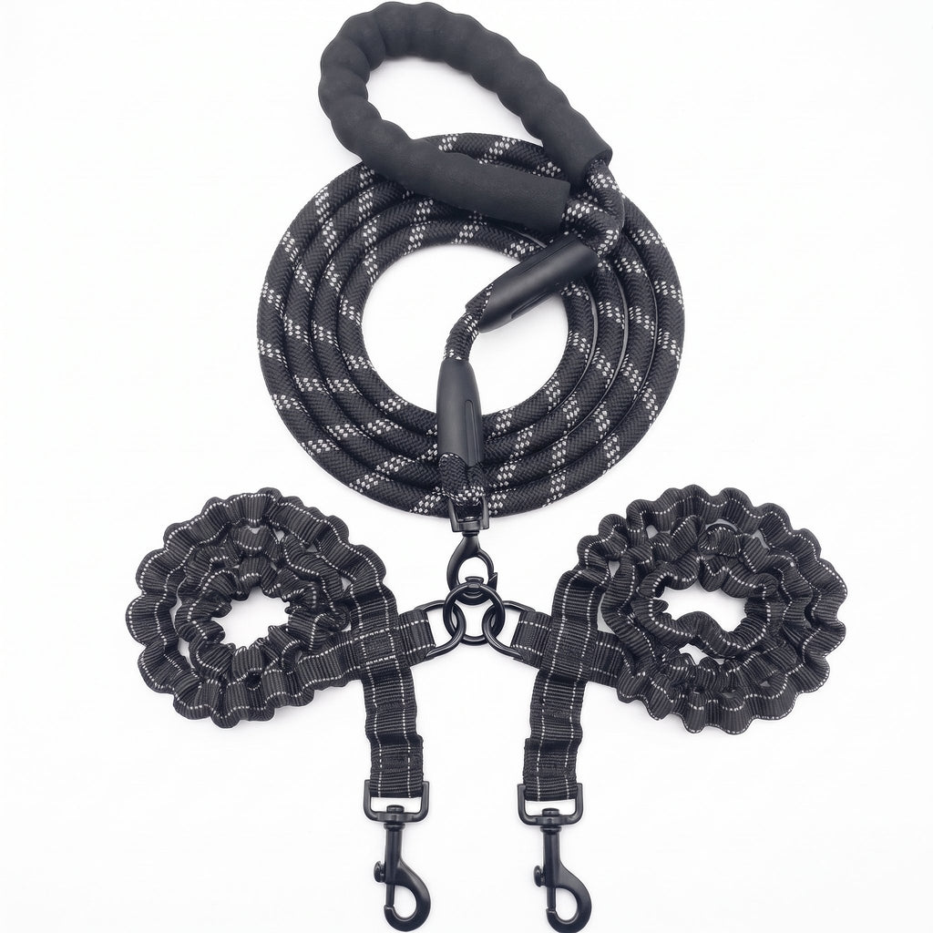Heavy Duty Dual Dog Leash - Black, full set with padded handle and dual bungee