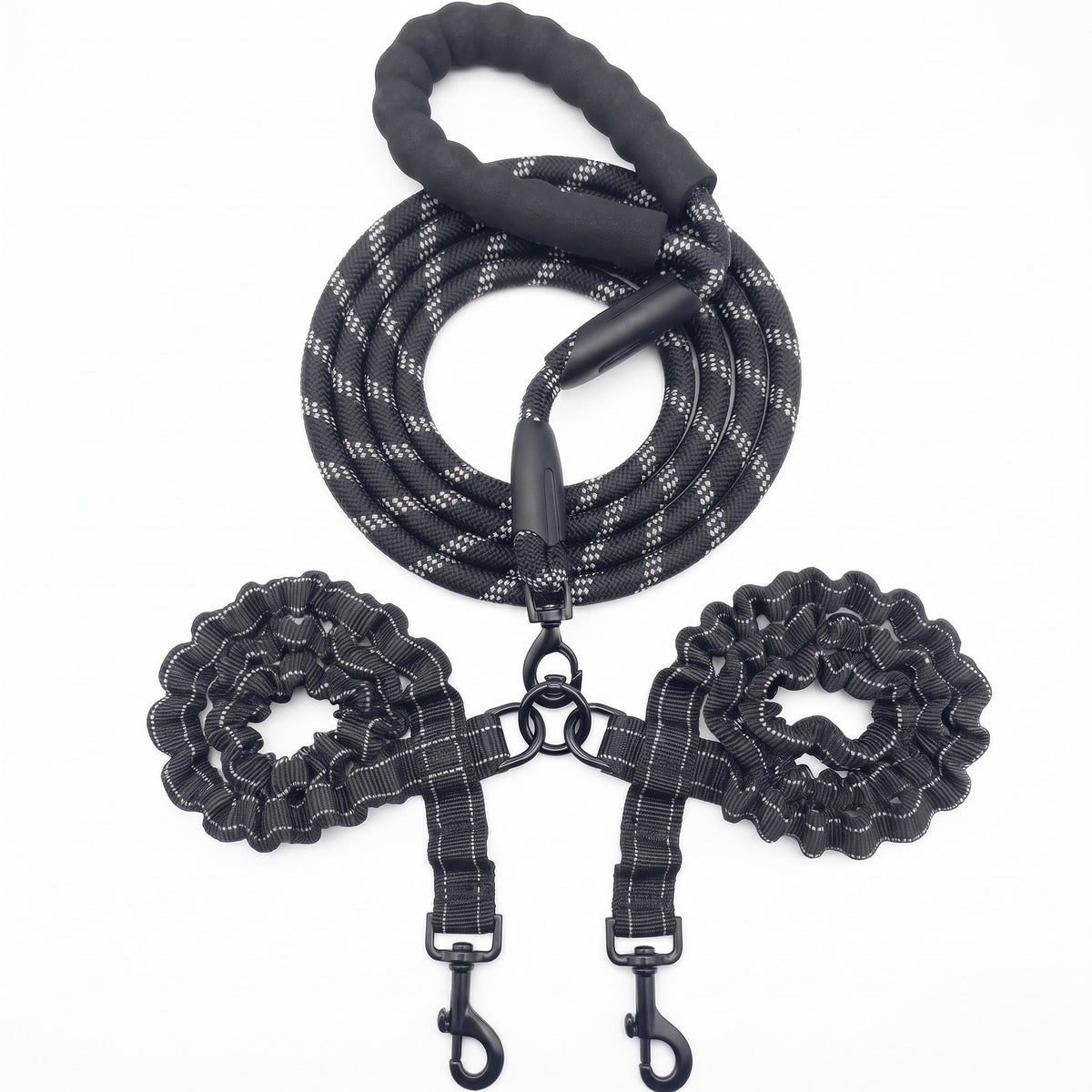Heavy Duty Dual Dog Leash - Black, full set with padded handle and dual bungee