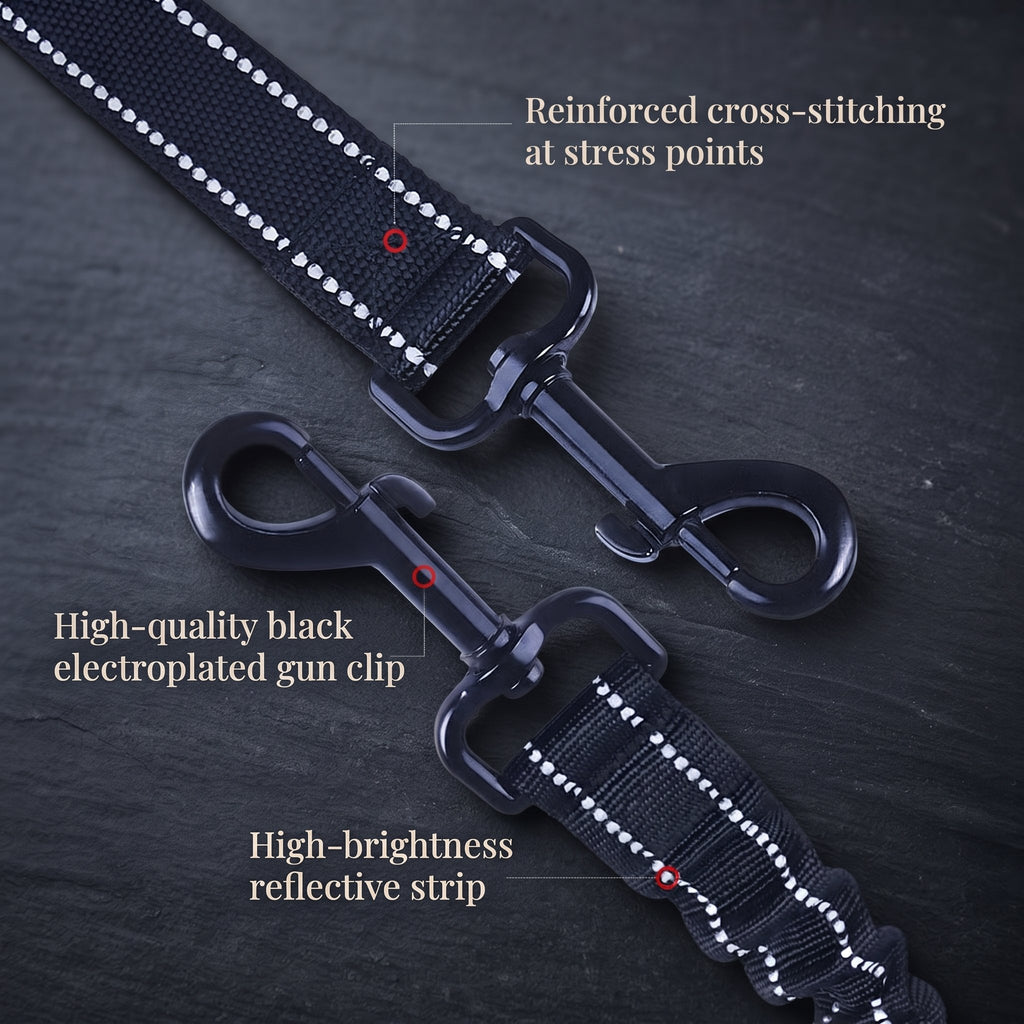 Reinforced cross-stitching, metal clip and reflective strip detail