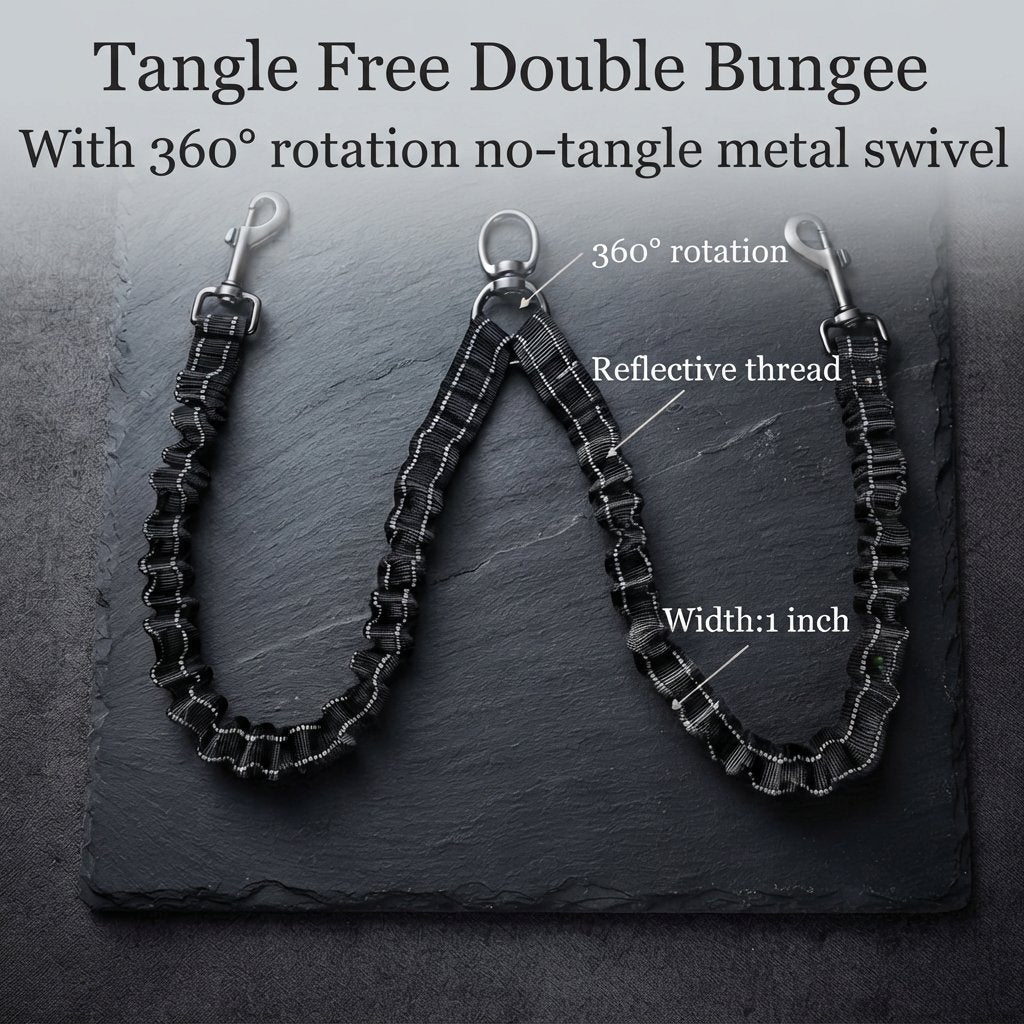 Tangle-free double bungee with 360 swivel, reflective thread, 1 inch wide