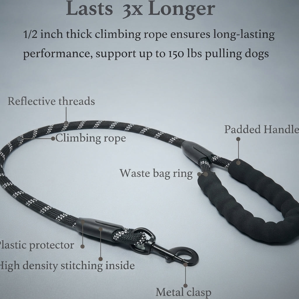 Half-inch climbing rope, supports up to 150 lbs, padded handle