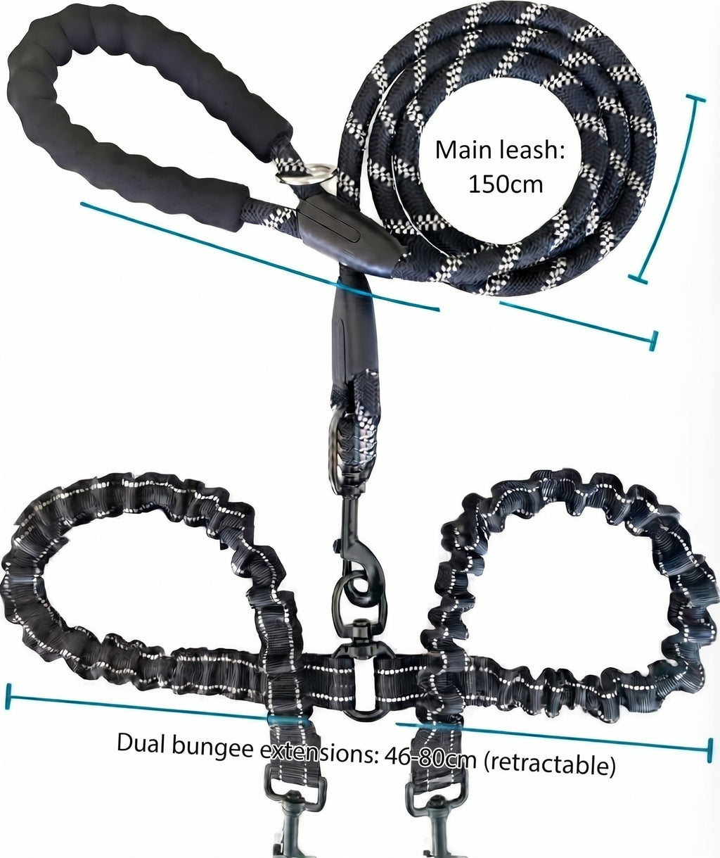 Main leash 150cm, dual bungee extensions 46-80cm dimensions