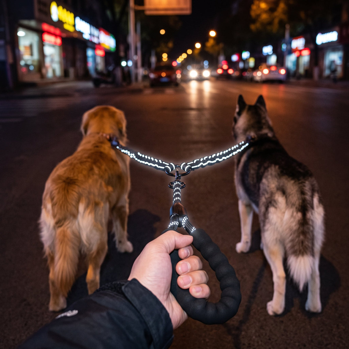Walking two large dogs at night with reflective leash