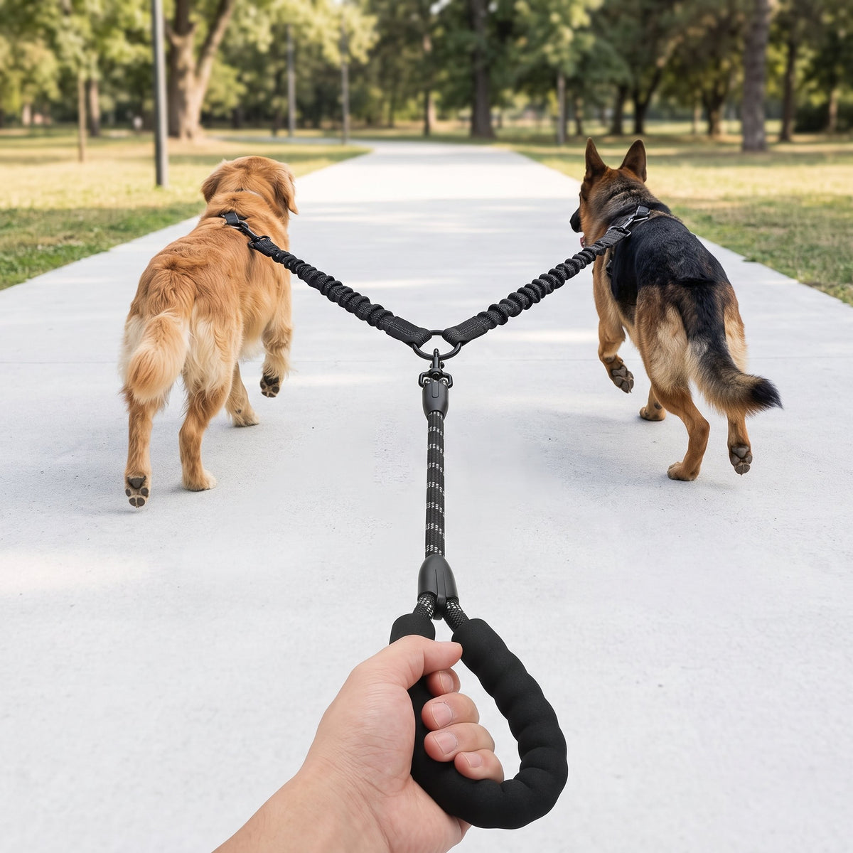 Walking two dogs in the park with dual bungee leash